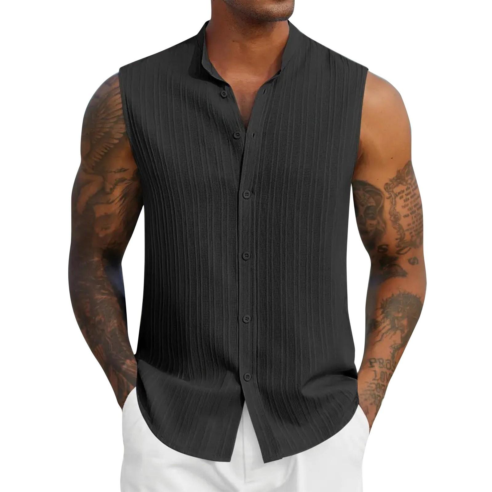 

Мужская летняя однотонная рубашка без рукавов со стойкой воротником, мужская повседневная модная рубашка без рукавов L чёрный