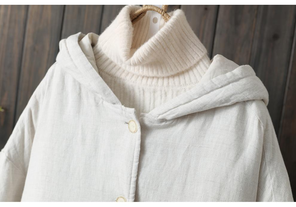 2025 Fall/Winter Plus Size Cotton Linen Hooded Mid-Length Coat - Thick Warm Artistic Outerwear