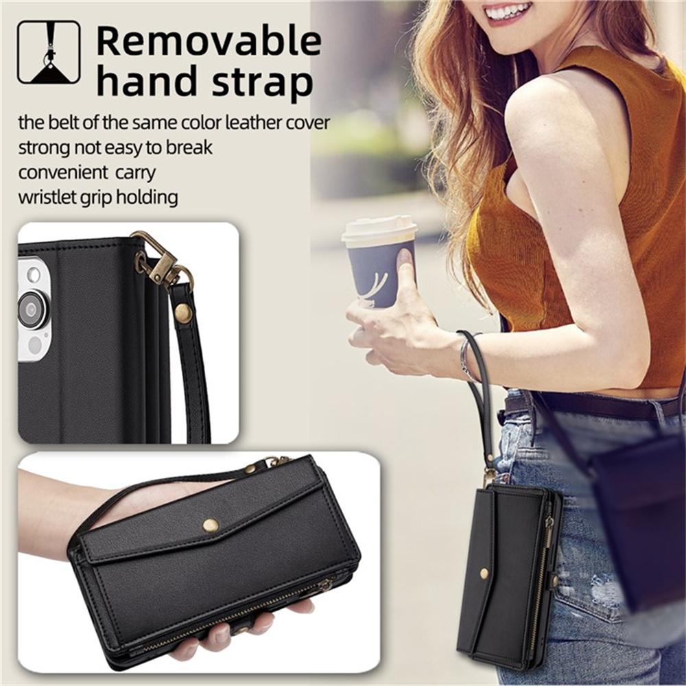 For Motorola Moto G06 4G Case Card Slots Zipper Purse PU Leather Phone Cover with Shoulder Strap