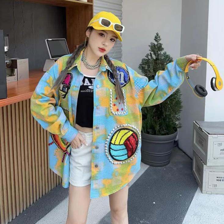 Thai trendy brand denim jacket women s loose foreign style heavy industry cartoon beaded street hip-hop top medium and long cardigan One size fits all