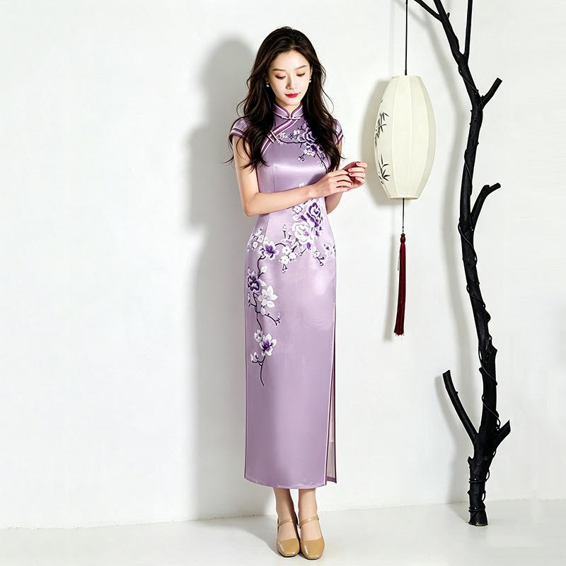 Positioning flower purple national style new Chinese Suzhou long cheongsam improved young women's high-end catwalk performance clothes