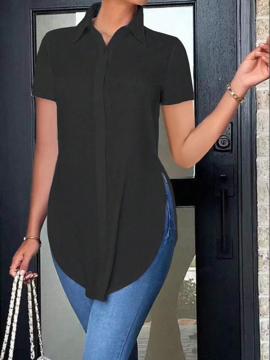 2026 Summer Fashion Women s POLO Collar Simple Blouse Shirt M чёрный