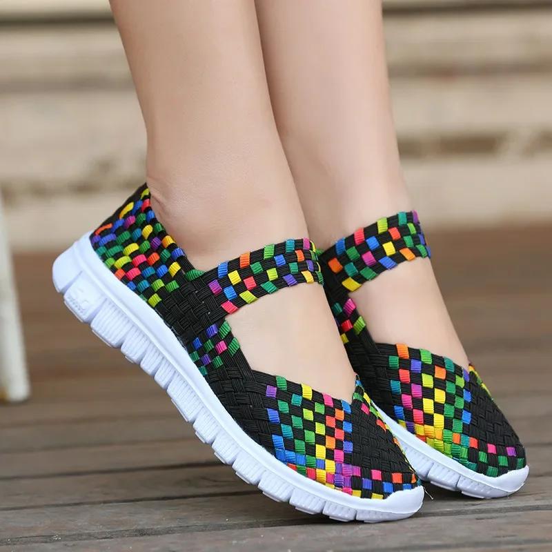 Fashion Plus Size Women Flat Shoes Elastic Band Weave Shoes Women Comfort Flat Shoes Women Casual Loafers Zapatos De Mujer