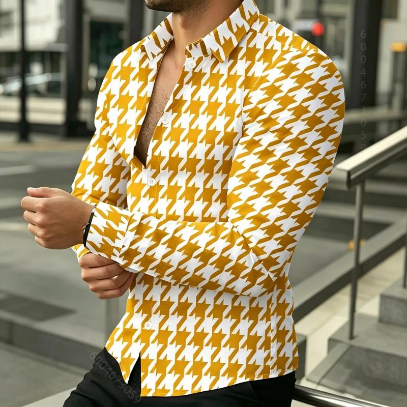 Men's Long Sleeved Shirt, Men's Retro Houndstooth Shirt, Black and White Contrasting Printed Fashionable Casual Men's Top