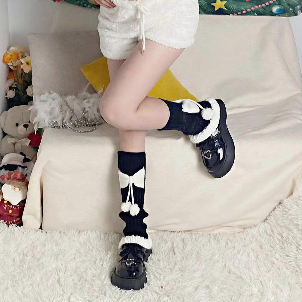 Ribbed Knitted Leg Warmers Socks Women Colorblock Cute Pompom Bowknot Ruffled Flared Hem Foot Cover Boot Cuffs Stockings  Red bow on white