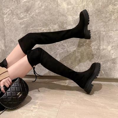 The Same SW Thick High-heeled Thick-soled Round-head Velvet Long Elastic Boots Women's Over-the-knee Black Boots Look Thin