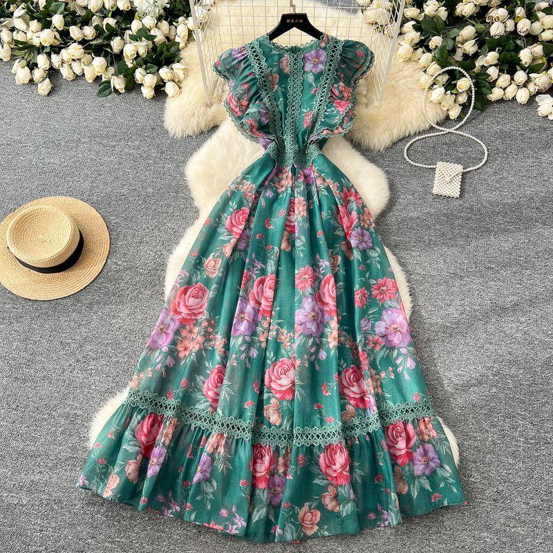 French Style Elegant Dress Women 2025 New Retro Lace Stitching Waist Hugging Temperament Print Frill Long Skirt