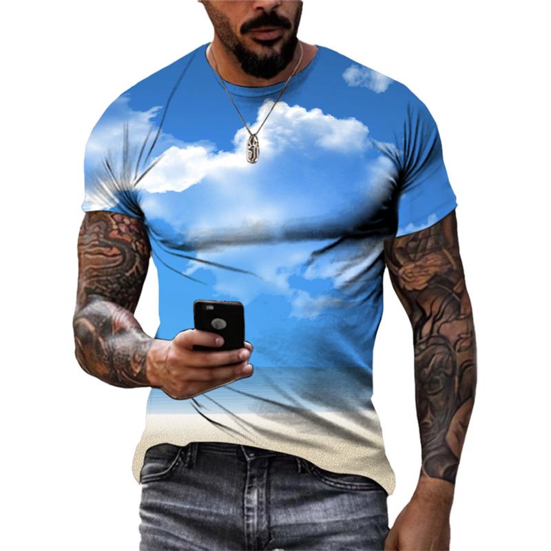Sommersollys Havbølge Sand Casual Stil grafiske t-skjorter Mote Nye Menn Fritid Trykket Rund Hals Kortermet T-skjorter Topper