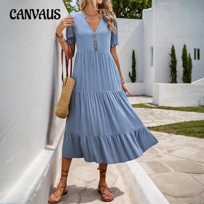 Women's New Summer A-swing Solid Colour Mid-length Stand-up Collar Dresses