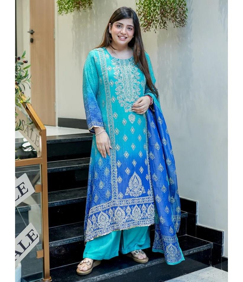 Wunderschönes Designer Chinon Kurti Set Damen Bollywood Partykleidung Kurta Hose Dupatta Set Salwar Kameez