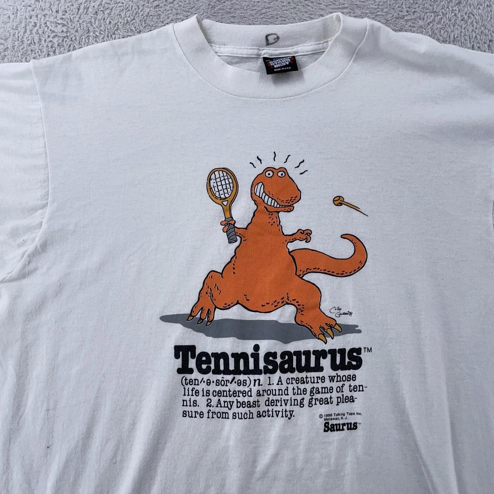 

Vintage Tennisaurus T-Shirt Mens Large White Dinosaur Tennis Saurus Made USA 80s 3XL
