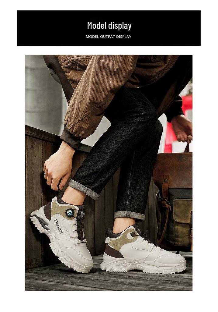 Men's High-Top Autumn Sneakers with Rotating Button: Trendy, Versatile, Thick-Soled, Height-Increasing Casual Dad Shoes.