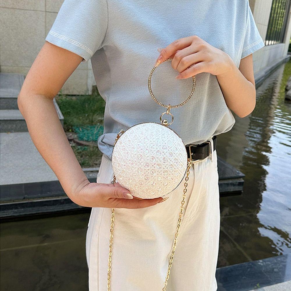 Ladies Handbag Ball Clutch Bag Gold Cage Pearl Clutch Ball Shaped