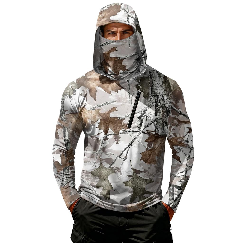 Men's Casual Long Sleeve Hoodie Lightweight Sun Protection Jacket Leaf Camouflage Print Outdoor Sportswear with Hood and Zipper Pocket