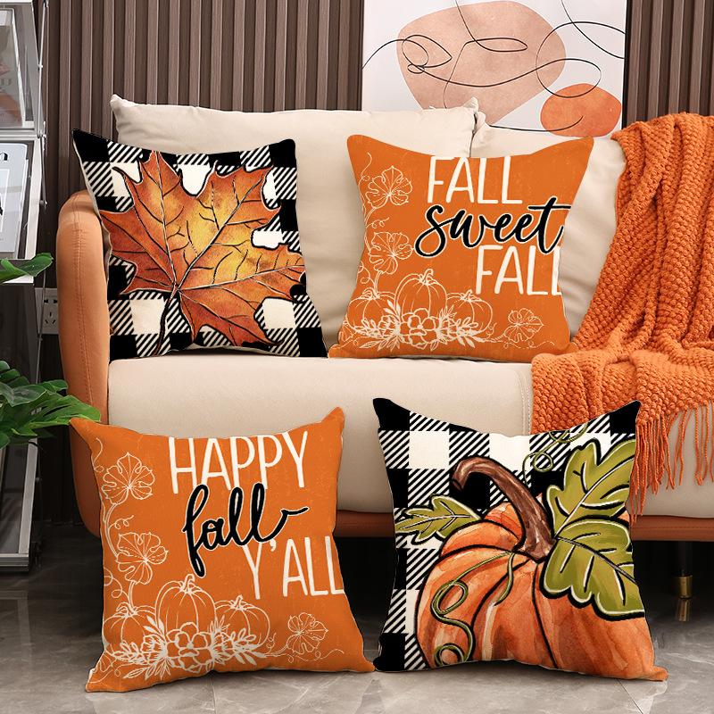 New Thanksgiving Pillow Cover Autumn Plaid Set Maple Leaf Print Cushion Indoor Versatile Sofa Cushion