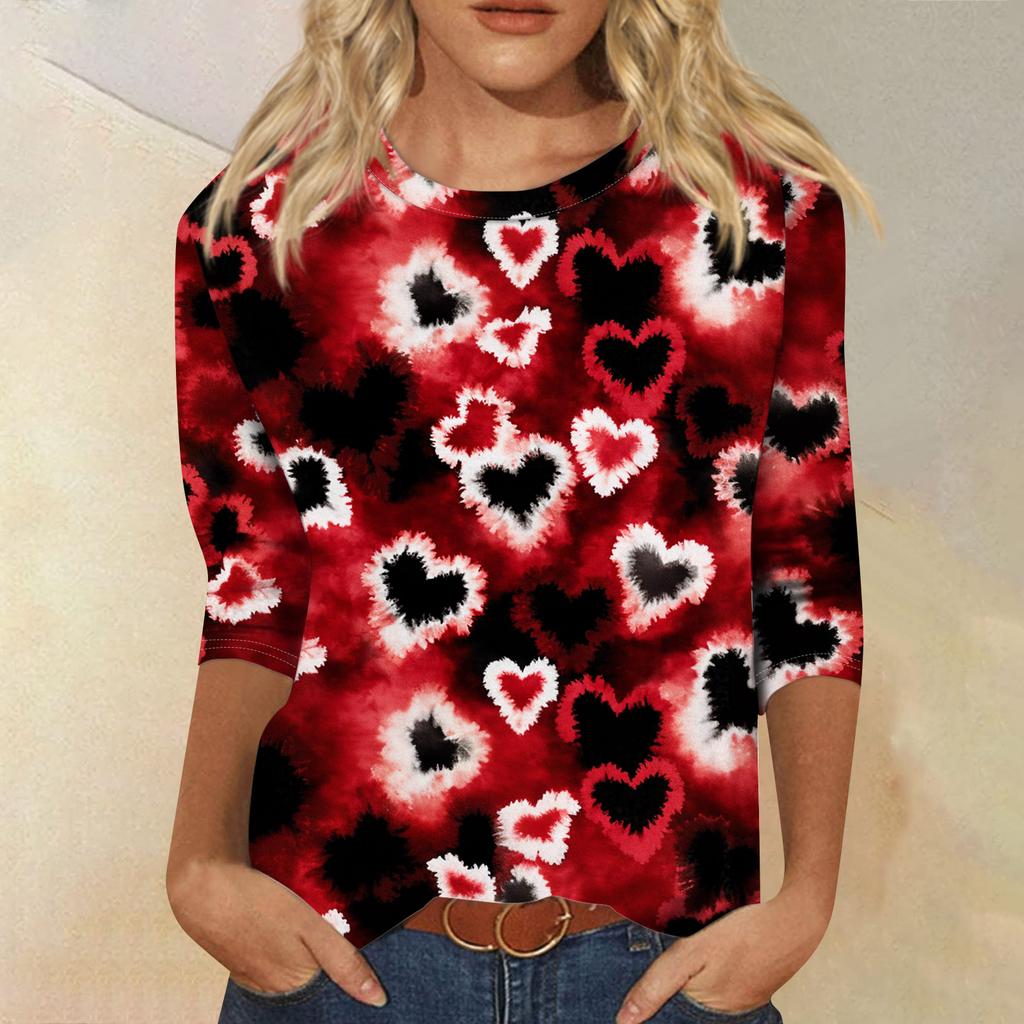 Damen Modisches Lässiges Dreiviertelarm Valentinstag-Druck Rundhals Pullover-Oberteil