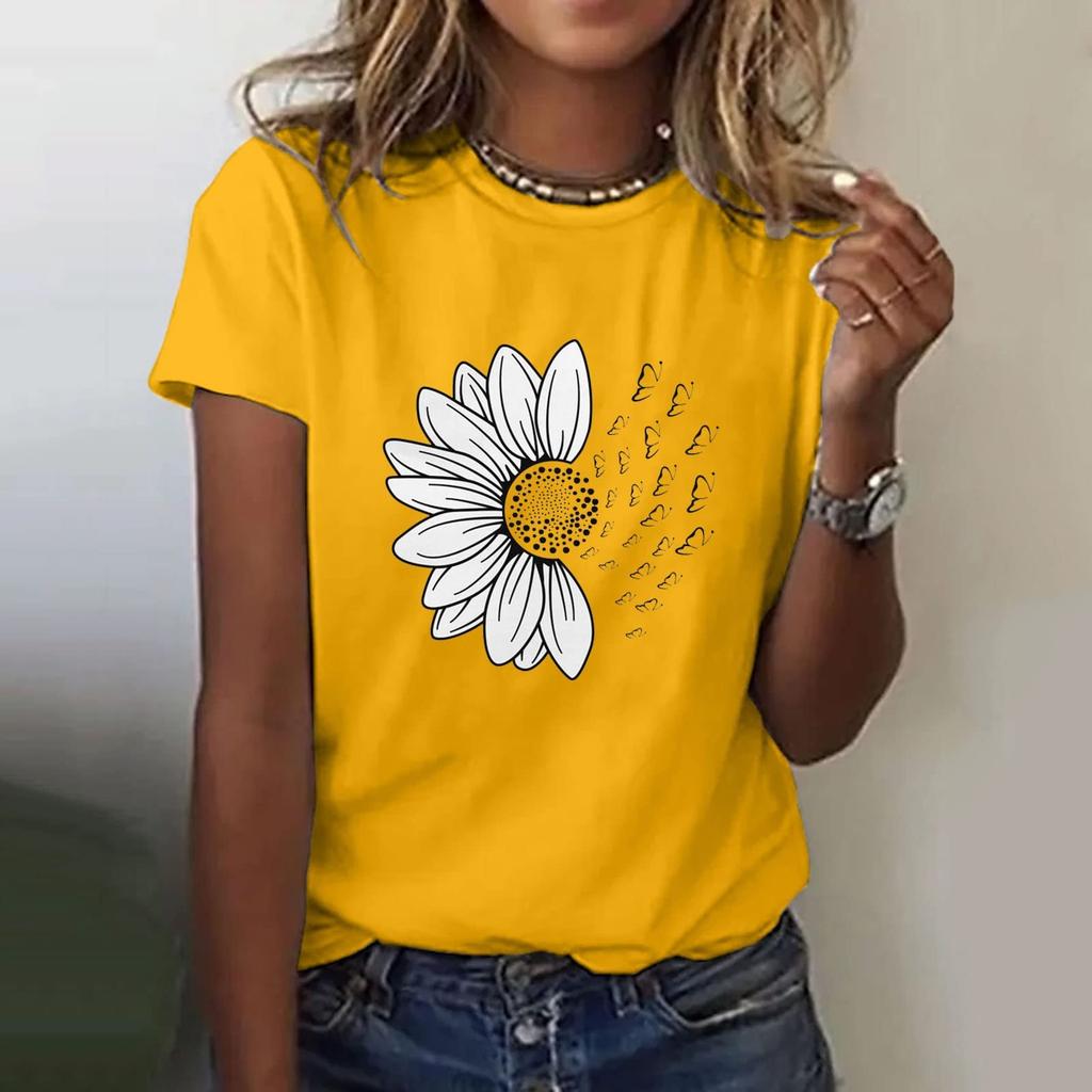 Women's Casual Floral Print Short Sleeved T-shirt With Round Neck  Top