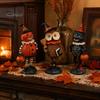 Retro Distressed Ornaments Wooden Halloween Resin Figurines, Pumpkin Scarecrow Wizard Owl Black Cat Tabletop Decorations Statue, Rustic Desktop