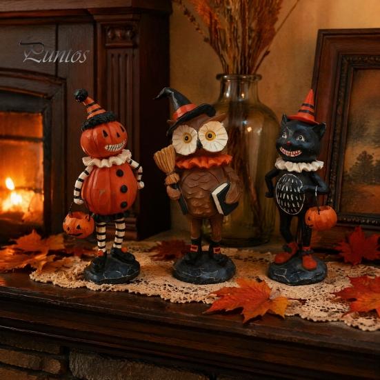 Retro Distressed Ornaments Wooden Halloween Resin Figurines, Pumpkin Scarecrow Wizard Owl Black Cat Tabletop Decorations Statue, Rustic Desktop