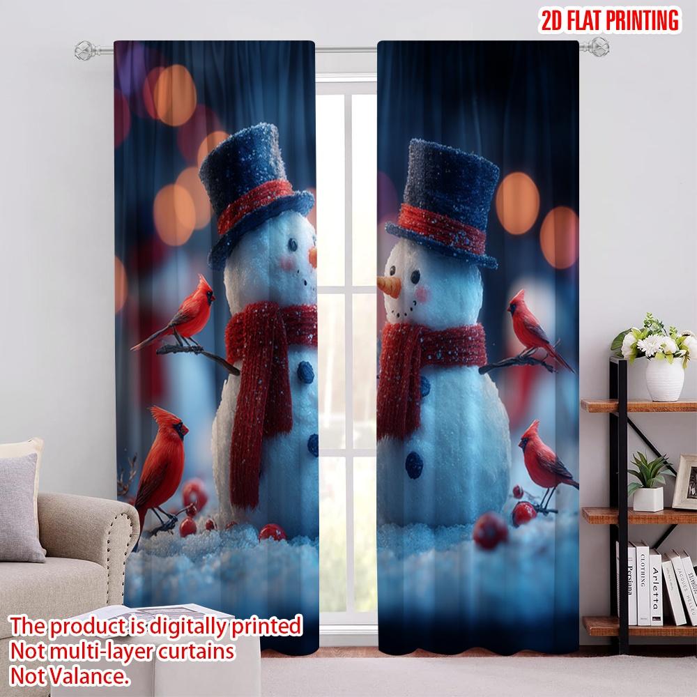 

Flat Printing Window Curtains Two Snowmen Cardinals Christmas Digital Printed Polyester Drapes Family Party Holiday Set Of 2 Made W100*H70(CM)-Grommet top&1PCS