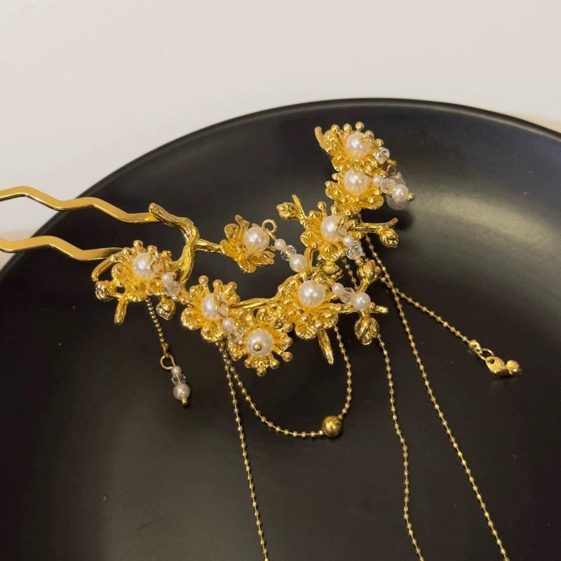 Chinese Hanfu Hair Accessories For Women Floral Tassel Hair Forks Traditional Bride Hairpin Vintage Headdress