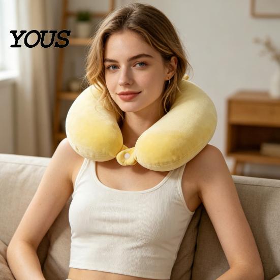Memory Foam Cushion Travel Neck Pillow, U Shaped Headrest for Airplane Removable Velvet Pillow Cover Car, Soft Support Office Nap, Washable