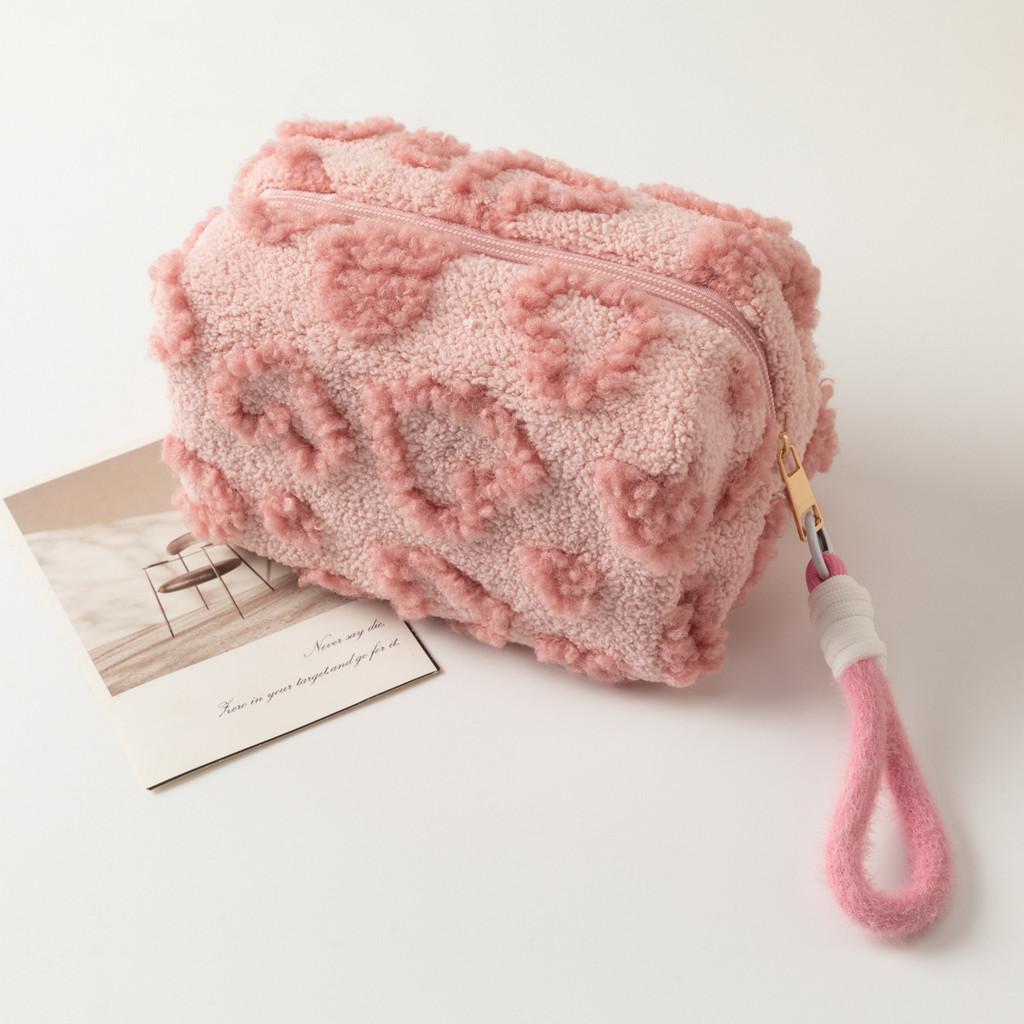 

Cute Plush Cosmetic Organizer With Breathable Fabric For Gift And Storage Pink Heart