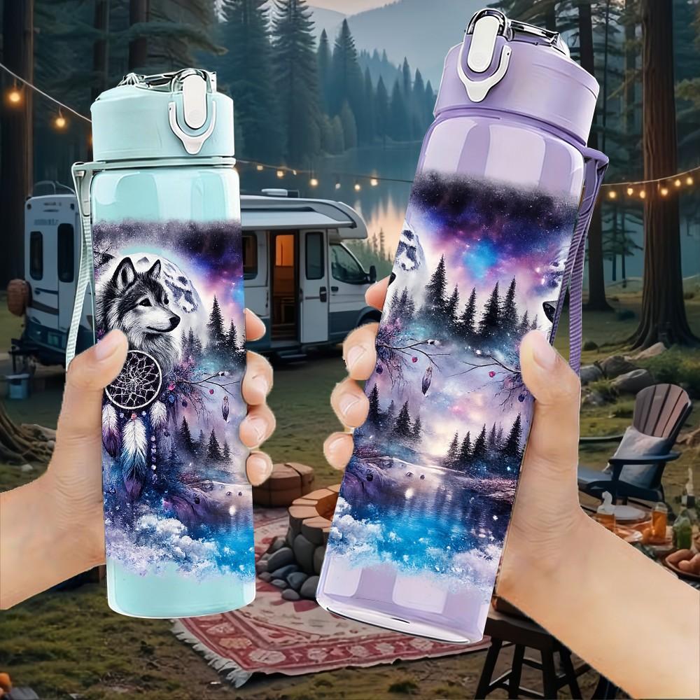 1PC Dark Wolf Psychedelic Color Art Print 750ml Color Plastic Sports Water Bottle Leakproof Flip Straw Lid Suitable for Sports Office Home Use