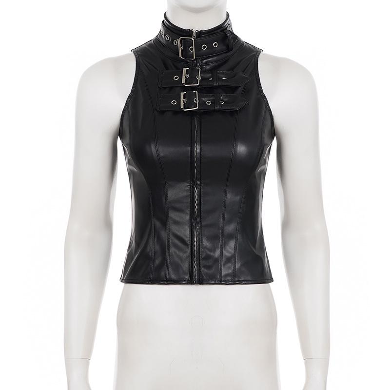 Gothic Punk Dark Style Leather Vest - Metal Decorated Sleeveless Top for Motorcycle & Cool Girl Group