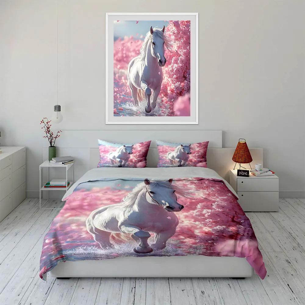 White Horse Sakura Scene Decor Soft Comfortable Duvet Cover Bedding Set Included 1*Duvet Cover & 2*Pillowcases gift