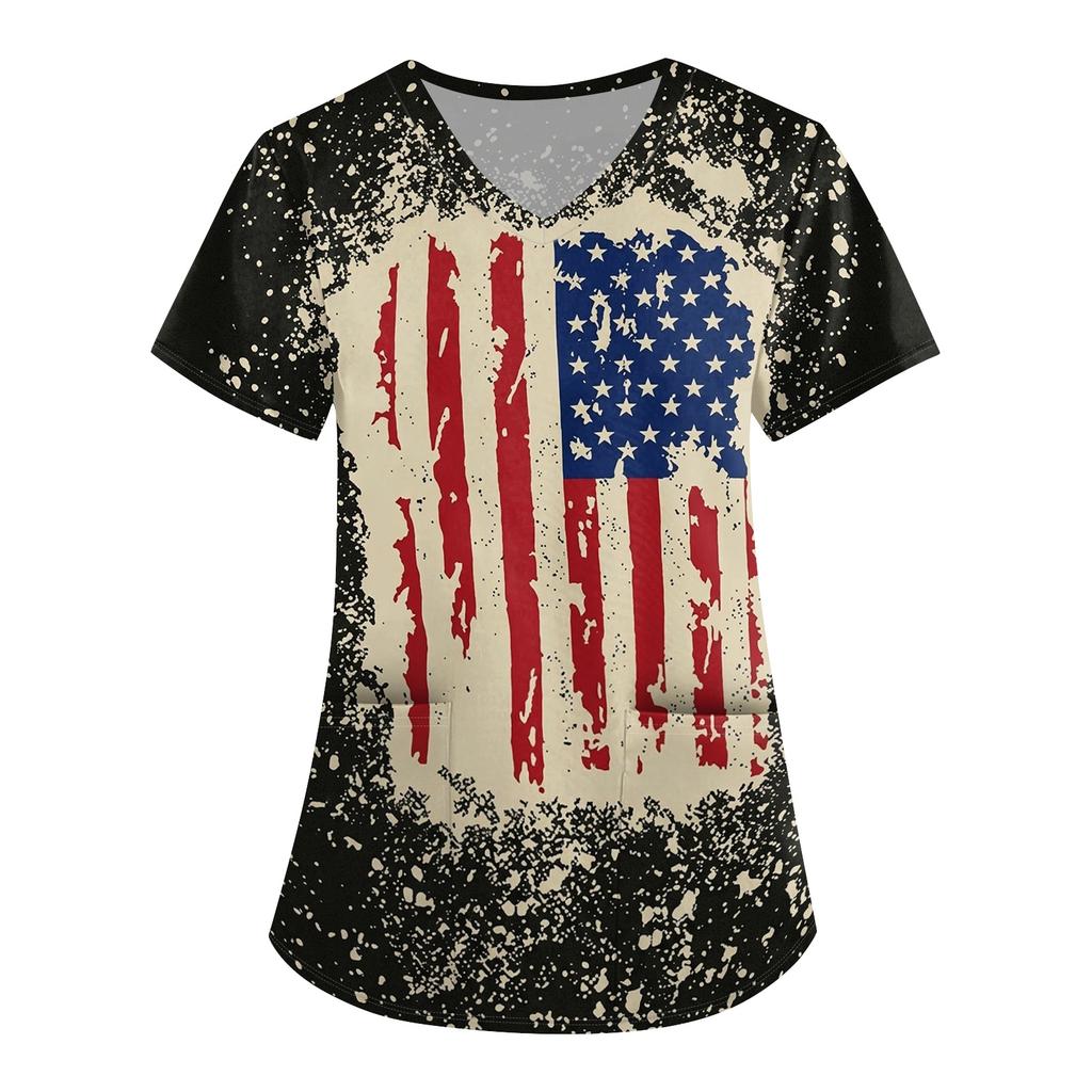 Women's Patriotic Print V-Neck Short Sleeve Scrub Top with Pockets Loose Fit