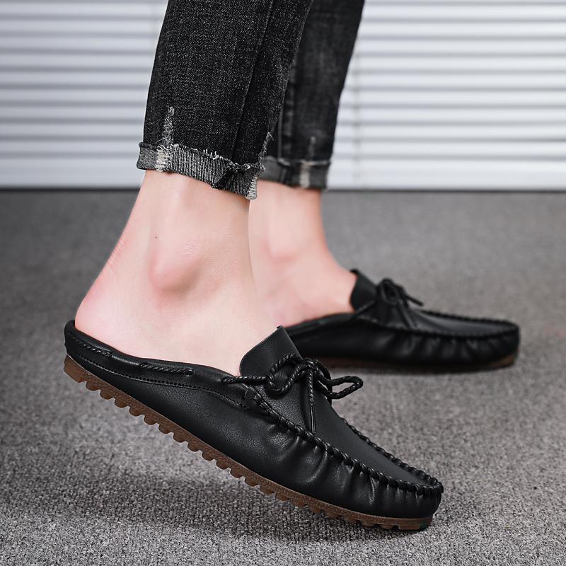 2025 Summer Half Shoes For Men Mules Man Slides Bowknot Slip On Flats Men Driving Shoes Leather Semi-Drag Loafers Slippers