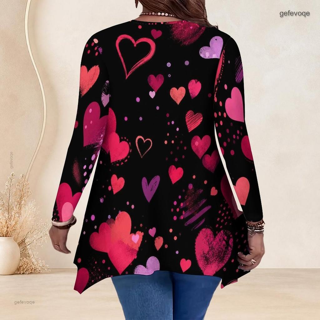 Women Plus Size V Neck Long Sleeve Printed Asymmetric Hem Flared Tunic Top