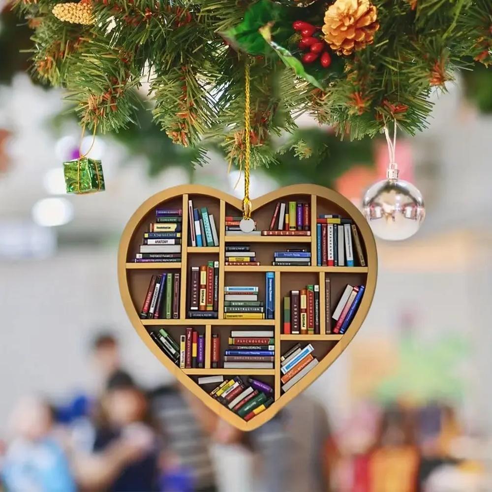 1/10pcs Christmas Tree Decorations Book Lovers Heart Shaped Bookshelf Pendant Wood Ornament,Christmas Pendant & Drop Ornaments