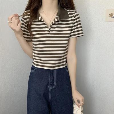 Haut Polo Court Rayé Noir et Blanc pour Femme Manches Courtes Coupe Ajustée T-shirt