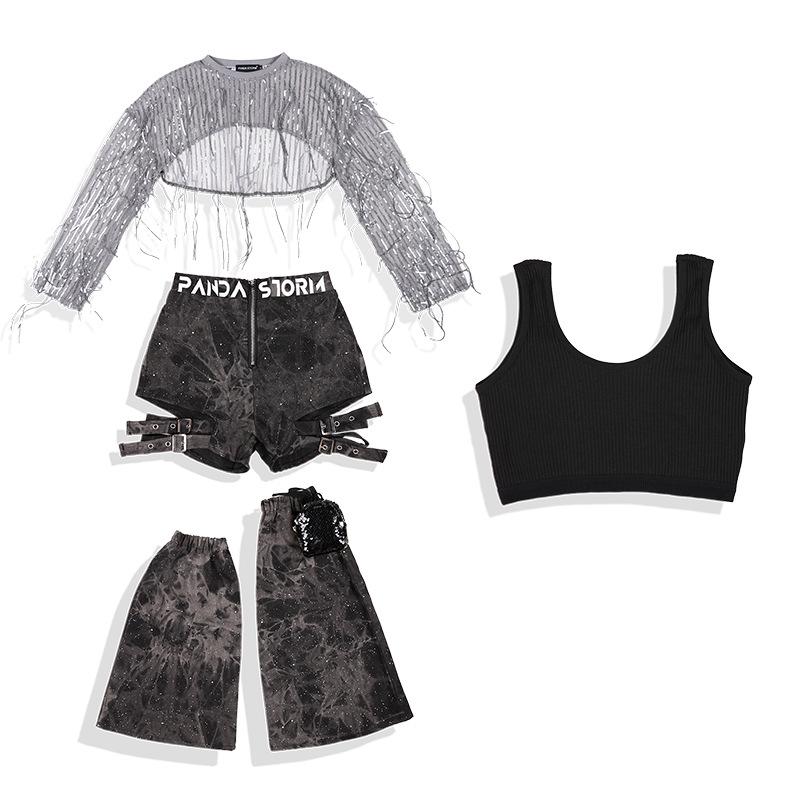 Girls' Sequin Tassel Jazz Dance Outfit - Mesh Long Sleeve & Pants Set for Street & Performance