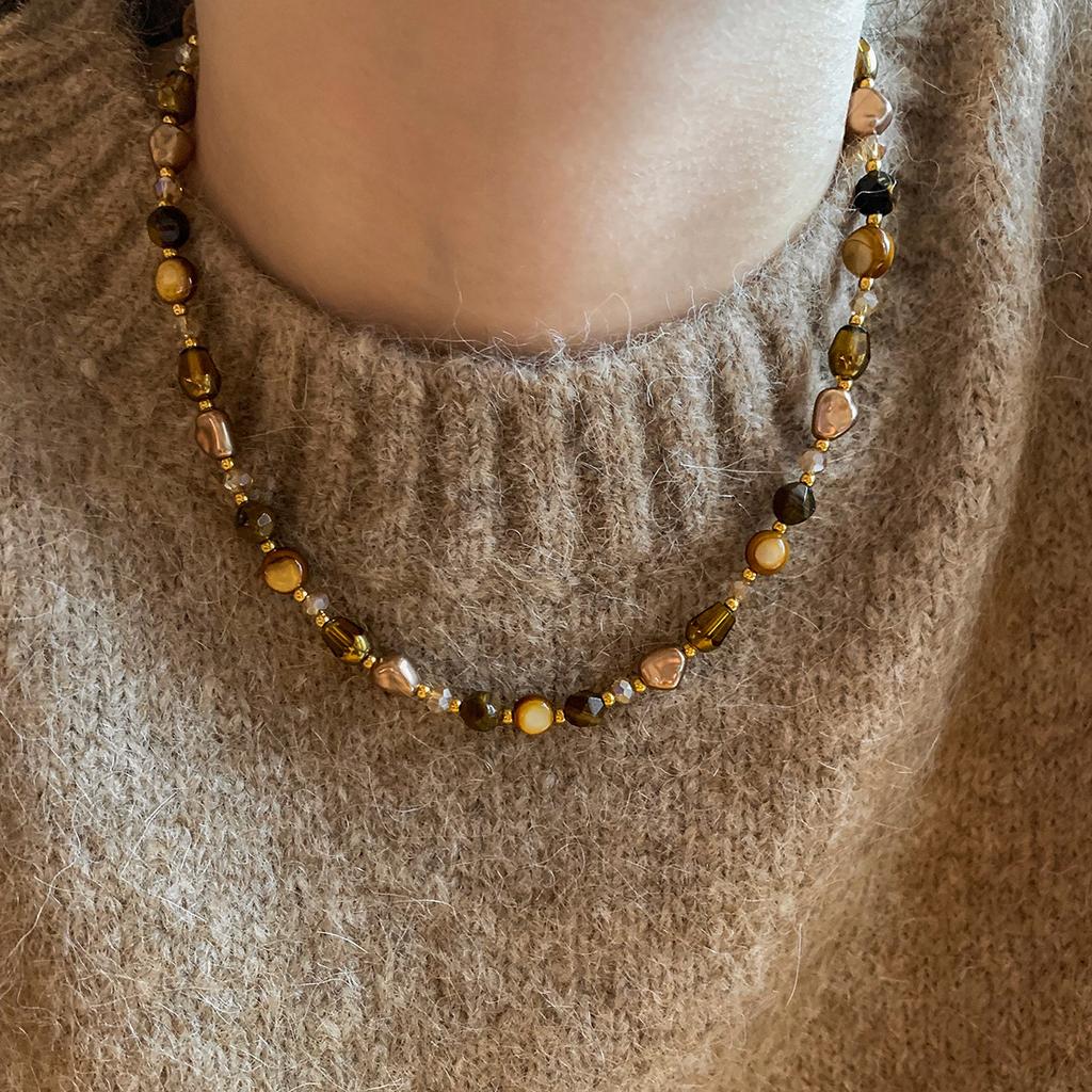 18k real gold electroplated tiger's eye stone pea pendant necklace Maillard collarbone chain niche neck chain