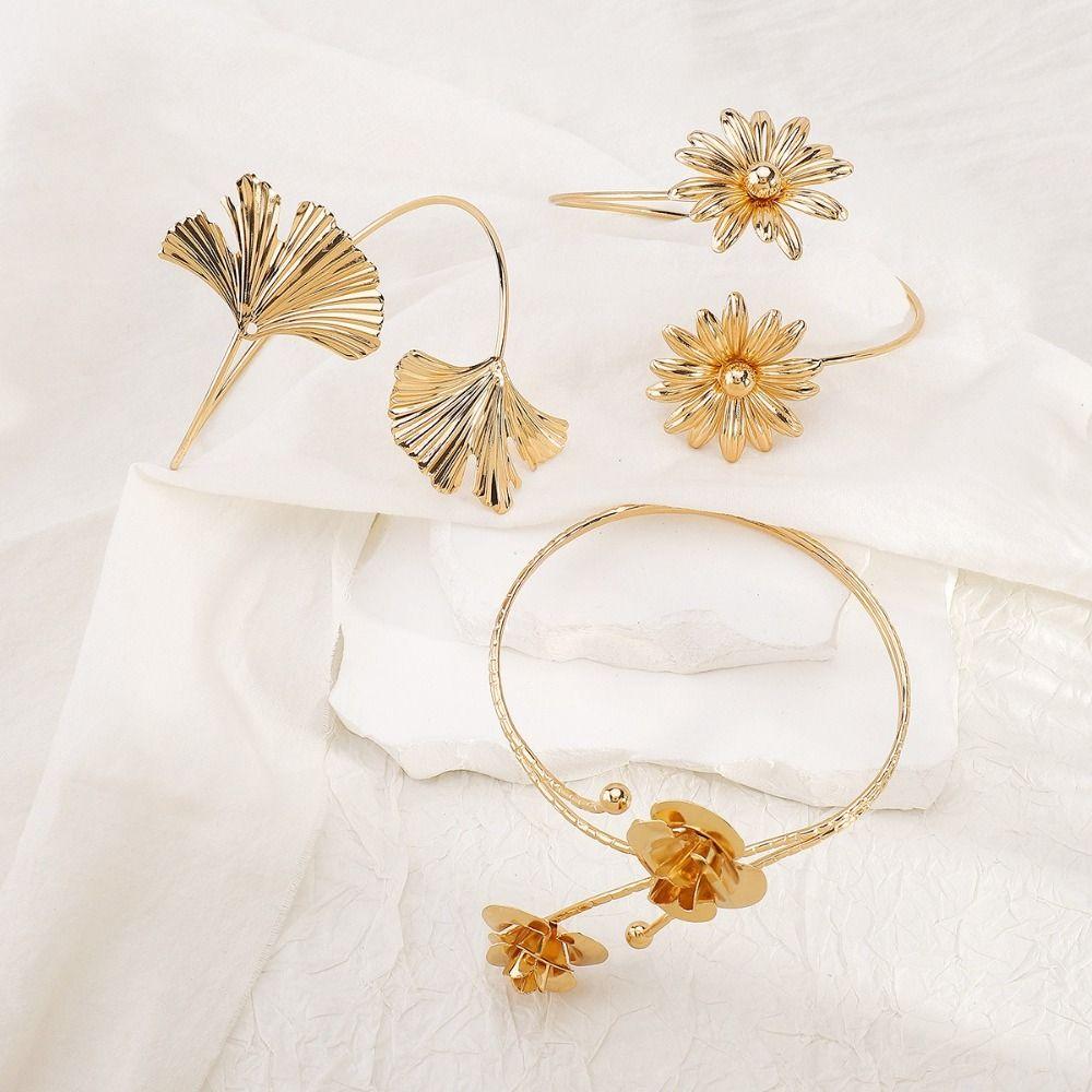 Metal Wide Open Bangle Gold Color Flower Bracelet Fashion Opening Arm Bracelet Bridal Wear