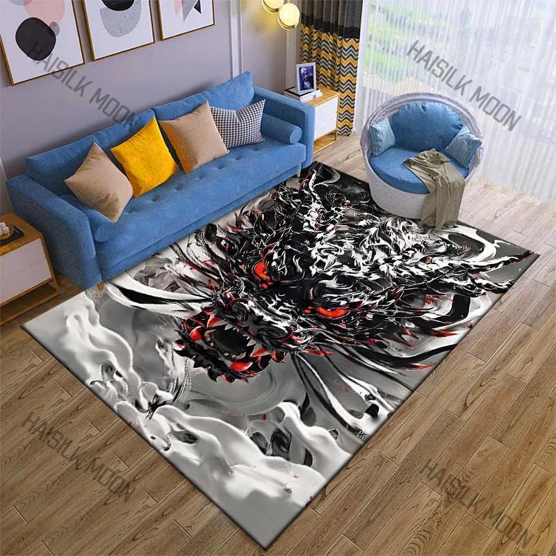 Oriental Dragon Head Print Cartoon Carpet Rug for Living Room Bedroom Sofa Decor Kids Play Home Area Rug Non-slip Mat