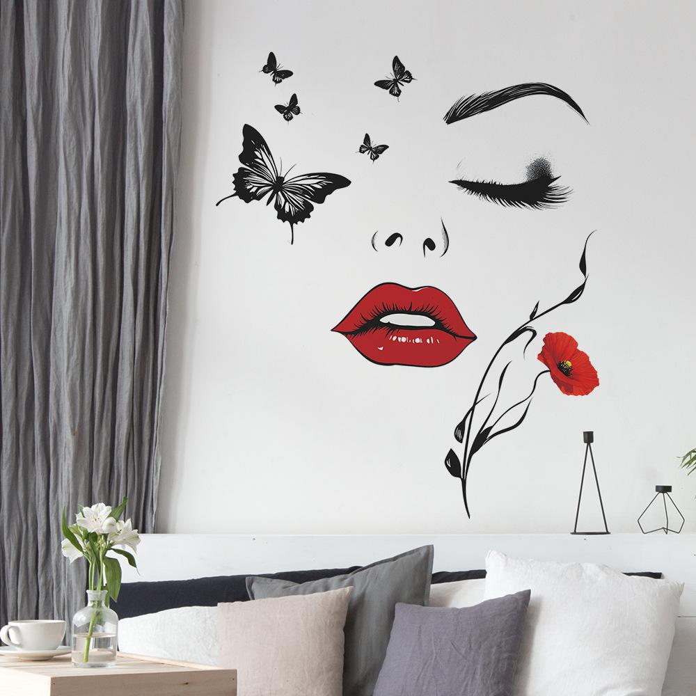 Beautiful Red Lips Woman Butterfly Wall Sticker Self-Adhesive Removable for Bedroom Living Room Entrance Home Decoration