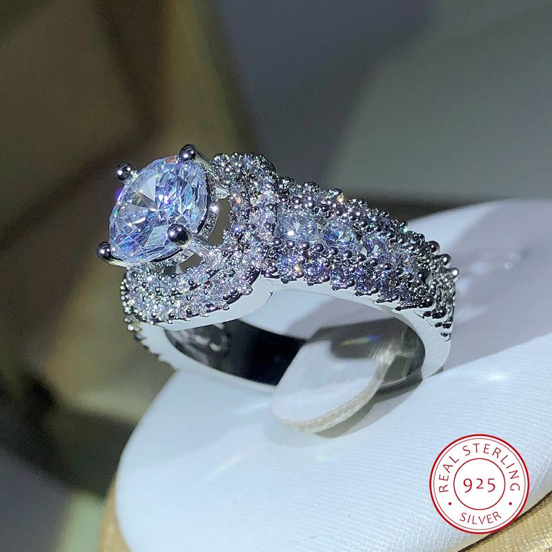 Luxury Women 925 Silver Hip Hop Square Double Inlay AAAA+ Zircon Jewelry Bridal Engagement Wedding Ring Cocktail Fine Jewe