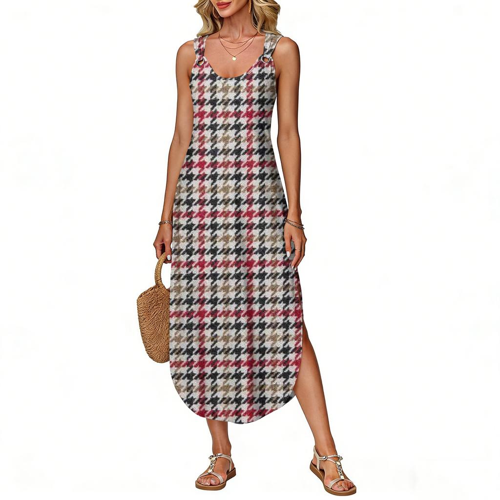 Women's Summer Long Dress, Sleeveless with Side Slits, Long Plaid Printed Vest Dress