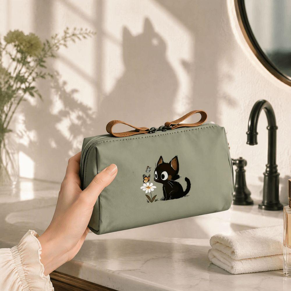 Cat Printed Makeup Bag Solid Color Travel Pouch Cute Handbag Daily Use