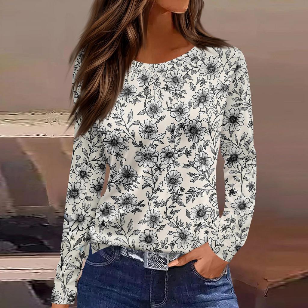 Women's Fashion Casual Slit Hem Round Neck Long Sleeve Loose Printed T-Shirt Ladies Top
