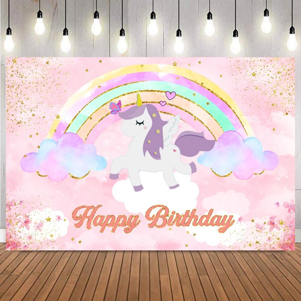 Unicorn Theme Backdrop for Girl Birthday Party Rainbow Floral Princess Baby Shower Birthday Photography Background Photo Props26