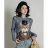 Spring Europe America Fashion Fun Cat Print Women's T-shirt Casual Pullover Women Long Sleeve Clothing Outdoor Street Tees Top
