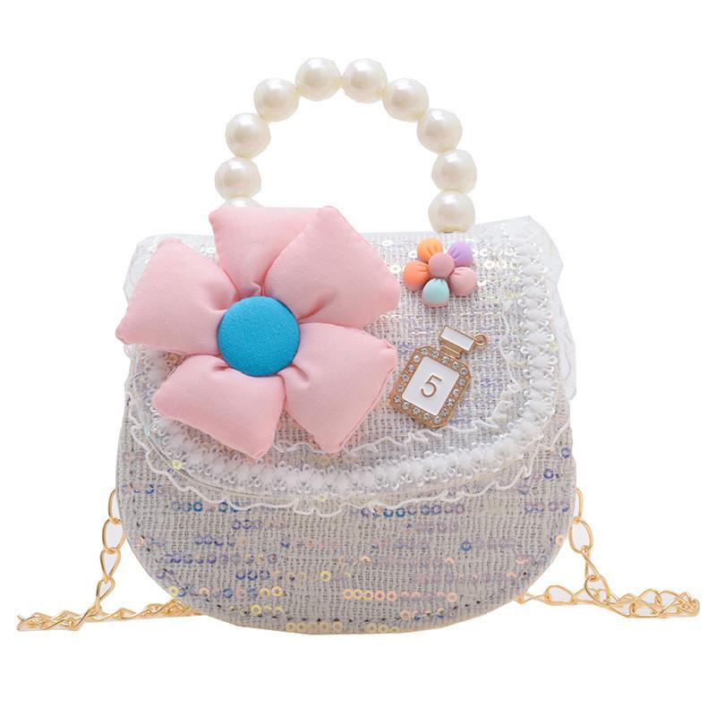 Cute Pu Leather Children's Handbag With Floral Sequins Princess Series Shoulder Bag For Toddlers