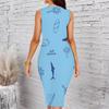 Women Plus Size Sleeveless Round Neck Midi Bodycon Dress Black Ocean Shell Seahorse Print Slim Fit Dress