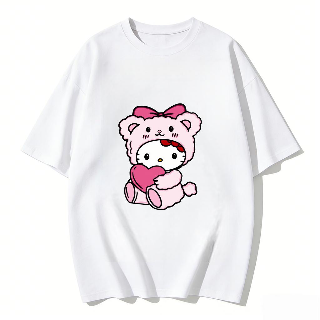 2026 Summer Hello Kitty Cartoon Printed Short Sleeve Pure Cotton Tshirt Womens Family Matching Outfits Classic Fashion Tee Top