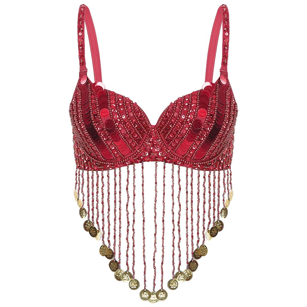 Womens Belly Dance Bra Adjustable Straps Design Shiny Sequins Plastic Beaded Tassels Underwired Costume